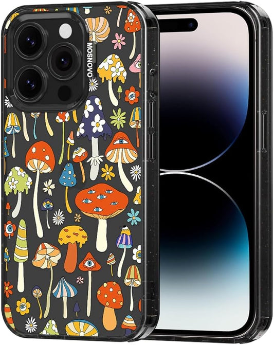 MOSNOVO Case for iPhone 14 Pro, [10ft 4X Military-Grade Drop Protection] Durable & Shockproof Phone Case Cover Design for iPhone 14 Pro - Mushroom Art - Clear Black