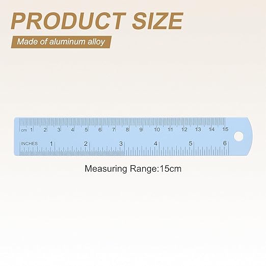 HARFINGTON 2pcs Metal Straight Ruler 15cm Metric SAE Aluminum Alloy Measuring Rulers Scale Tool with Hole for Measure Study Reading Classroom Office, Light Blue