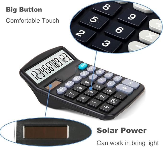 5 Pack Calculators Large Display for Desk, Solar Calculator, Basic 12 Digit Big Button Office Calculator(Black)(AA Battery Included)