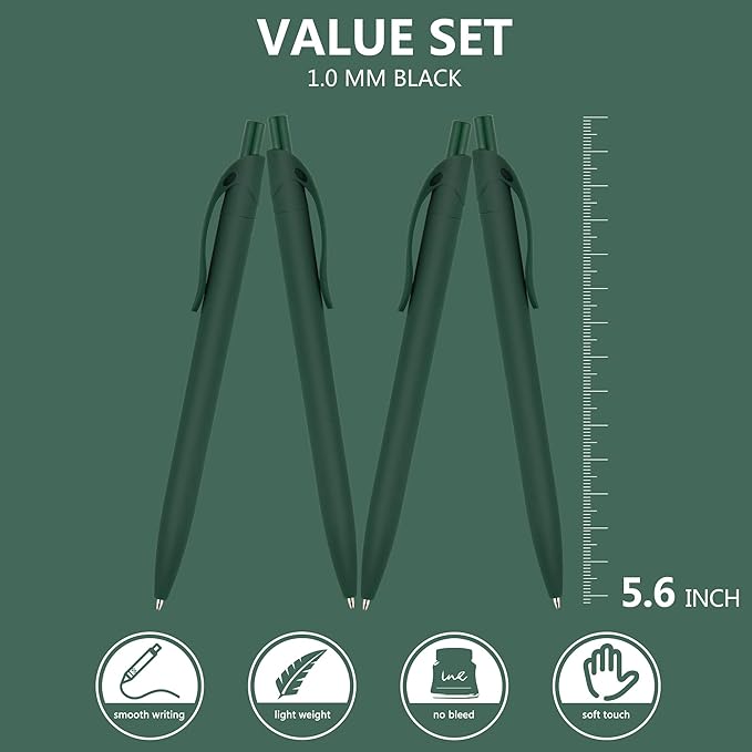 Deegtran 200 Pack No Bleed Green Barrel Click Pens, Wholesale Retractable Ballpoint Pens, Medium Point, Smooth Ink, 1.0MM Black Ink