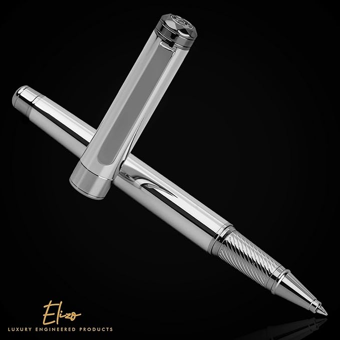 ELIZO Luxury Pen Fancy Chrome Silver Nice Gift Rollerball Cool Pens Best Schmidt Ink EDC Pen Executive Smooth Writing Pens for Men Women