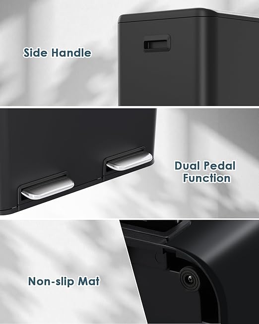Arlopu 16Gal Dual Trash Can w/2 Built-in Box for Odor Control, Hands-Free Kitchen Garbage Bin, Recycle Waste Dustbin, Soft-Close Lid, 2 Buckets,Foot Pedal, Side Handle, Airtight,for Home Office