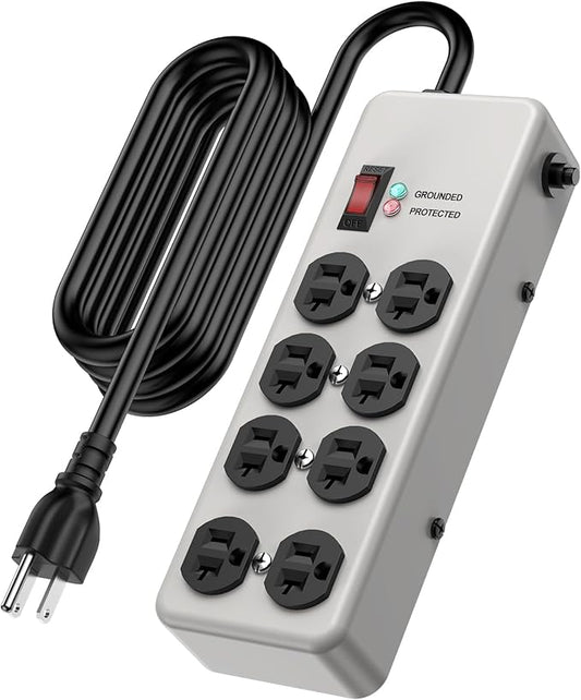 HEZI 20A Power Strip Surge Protector Durable Metal 8-Outlet with Heavy Duty 20 Amp Extension Cord,12 Gauge for Garage,Workshop & Industrial Use with 6-20R T-Slot Outlets,4800J(Grey,6FT)
