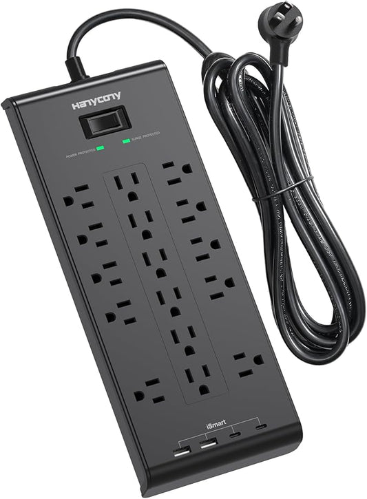 Extension Cord 15 Ft, HANYCONY Power Strip with 16 Oultets 4 USB Ports(2 USB C), 2700 Joules Heay Duty Surge Protector, Flat Plug, Wall Mount for Home Office, ETL Listed, Black