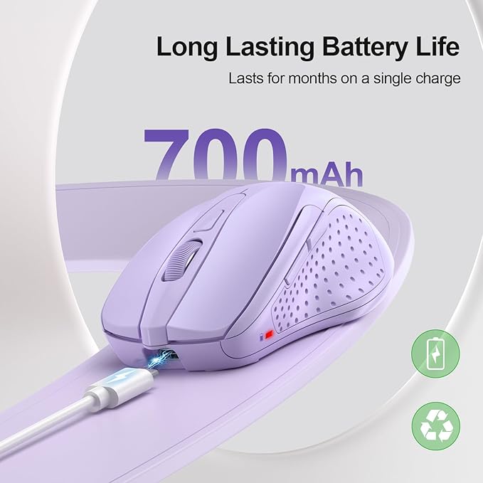 TECKNET Wireless Mouse (BT5.0/3.0 & 2.4G) Rechargeable 4800 DPI Silent USB A & Bluetooth Mouse 6 Buttons, Wide Compatibility - Lavender