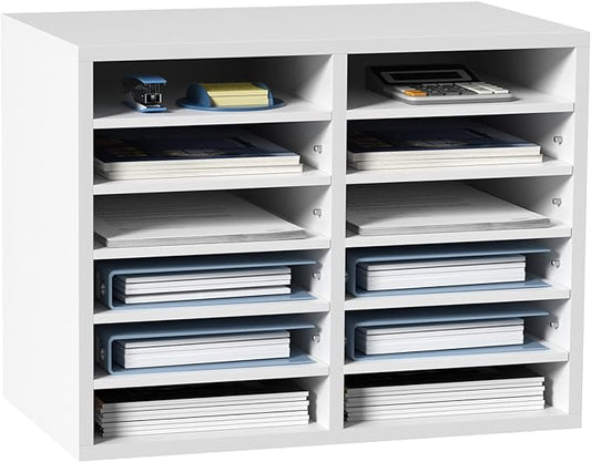 VEVOR Literature Organizers, 12 Compartments Office Mailbox with Adjustable Shelves, Wood Literature Sorter 20.4x12x16.1 inches for Office, Home, Classroom, Mailrooms Organization, EPA Certified White