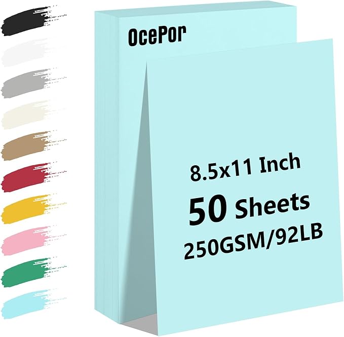 OcePor 50 Sheets Blue Cardstock Paper, Colored Printer Paper 8.5 x 11, Card Stock Thick Construction for Craft,Scrapbook，Office Printing, Invitations, Certificates，92 lb/250gsm