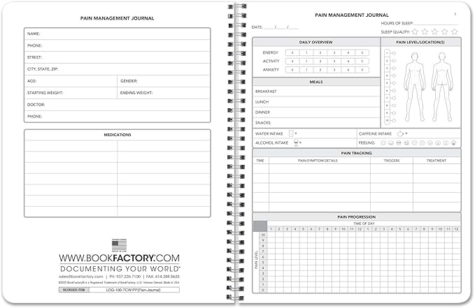 BookFactory Pain Log Book/Pain Management Logbook/Personal Medical Tracking Notebook - 100 Pages, 8.5'' x 11'', Wire-O (LOG-100-7CW-PP(Pain-Journal))