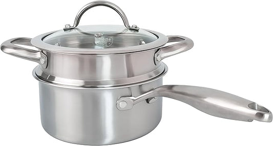 1.5 Quart Stainless Steel Saucepan with Steamer Basket, 18/10 Tri-ply Construction, Versatile Sauce Pan with glass Lid - Perfect for Cooking Gravies. Pasta, Vegetable and More
