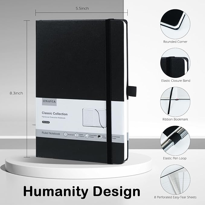 8 Pack Black Lined Journal Notebooks for Work, Travel, College, (A5 Size 100 GSM Thick Paper) - Classic Ruled, Hardcover Notepad for Writing 160 Pages, 5.5 x 8.3 inch, Multipack Journals