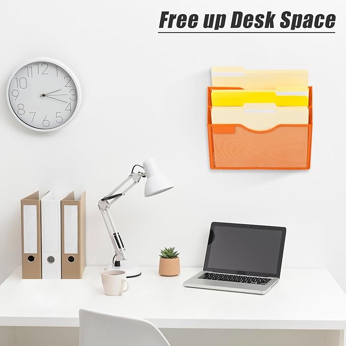 EASEPRES 3 Pocket Mesh Hanging Wall File Organizer, Wall Mounted Mail Paper Document Folder Holder, Clipboard Storage Organization Magazine Rack with Nametag Label for Office Home School, Orange