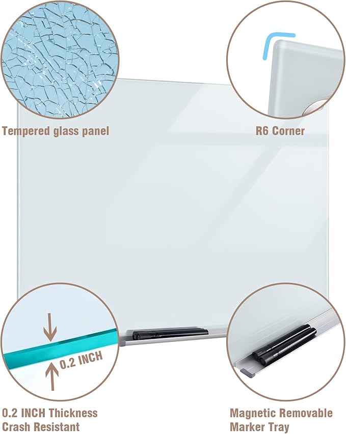 Magnetic Glass Whiteboard，60"x48" Wall Mounted Frameless Dry Erase Board for Office, Home & School White