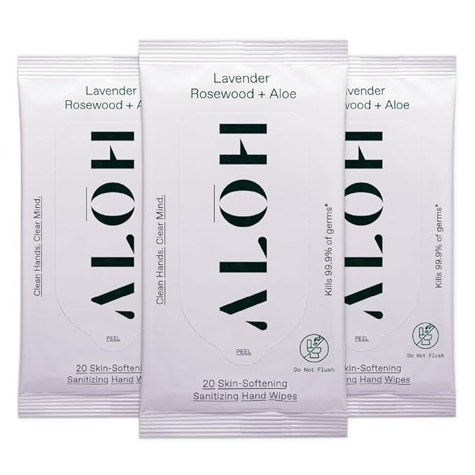 ALŌH Lavender Rosewood + Aloe Sanitizing Hand Wipes - Clean Hands, Clear Minds - On The Go Sanitizing Hand Wipes for Kids and Adults - Travel Size 3 Pack, 20ct Wipes (60 wipes)