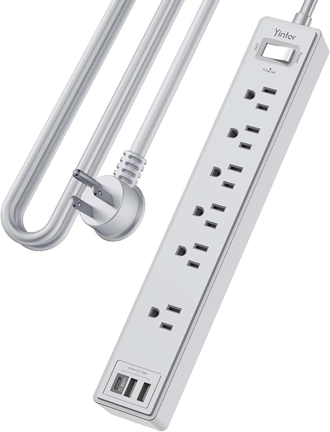 10Ft Power Strip Surge Protector - Yintar Extension Cord with 6 AC Outlets and 3 USB Ports for Home, Office, Dorm Essentials, 1680 Joules, ETL Listed, Grey