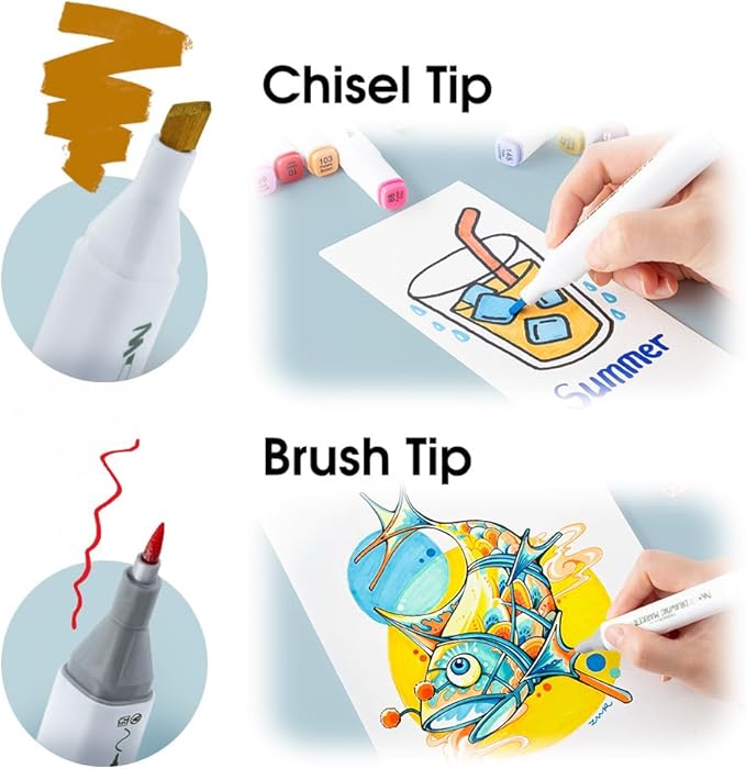 TRANSON Alcohol Markers for Drawing Coloring 48 Colors Dual-tip Chisel and Brush Tips