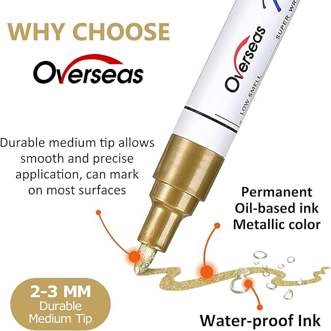 Overseas Gold and Silver Paint Pens - 6 Pack Oil Based Metallic Permanent Markers, Medium Tip, Quick Dry and Waterproof Paint Markers for Rock, Wood, Metal, Plastic, Canvas, Glass, Ceramics, Rubber