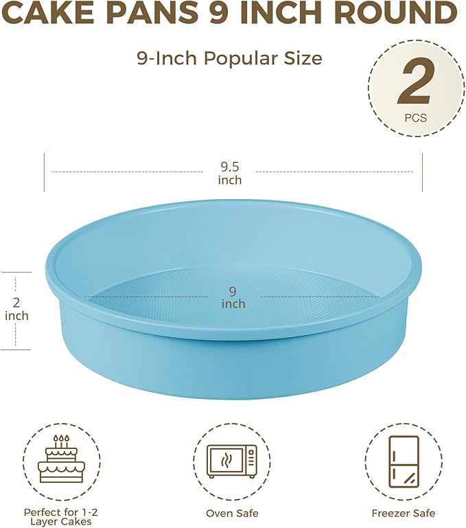 HONGBAKE 9 Inch Round Cake Pan Set of 2, Nonstick Ceramic Coating Cake Molds with Diamond Texture, Aluminized Steel Cake Pans Sets for Baking & Cheesecake, Heavy Duty & Non-Toxic (Light Blue, 2PCS)