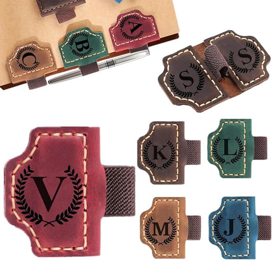 Custom Bookmark with Pen Holder with 26 Letters Personalized Magnetic Leather Book Mark, Customized Name Book Marker Clip with Initial for Men Women, Gifts for Book Lovers, Readers, (Red, V)
