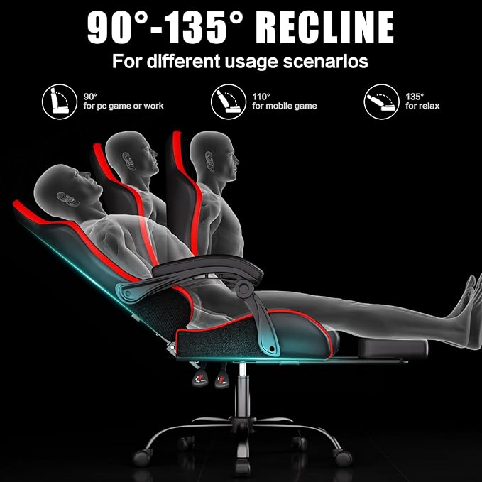 Gaming Chair, Ergonomic Office Computer Chair with Footrest and Lumbar Support Massager Racing Style High Back Video Gamer Chair, Wide＆Thick Cushion, 90°-135° Recline, Adjustable Height, Red