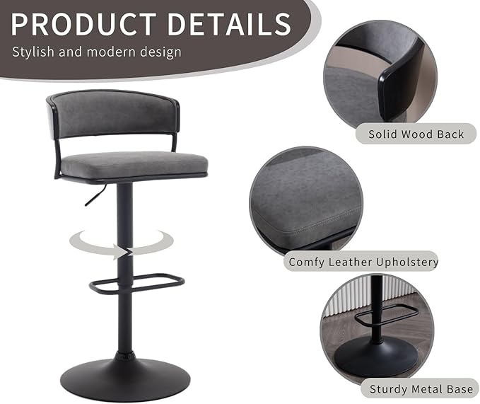 Adjustable Modern Bar Stools Set of 6 Faux Leather Barstools Swivel Counter Height Bar stools with Curved Back/Black Metal Base Comfy Upholstered Bar Chairs for Kitchen Island, Grey