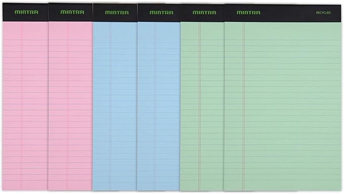 Mintra Office Legal Pads, ((Basic 6pk - (Pastel Set #3), 5in x 8in, Narrow Ruled)) - Includes 2 Blue Writing Pads, 2 Pink Writing Pads and 2 Green Writing Pads