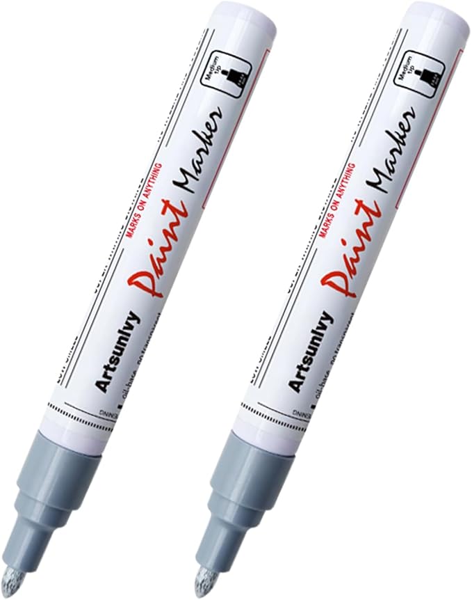 Silver Paint Pens Paint Markers - 2 Pack Oil-Based Permanent Markers Medium Point,Waterproof Quick Dry Paint Pens for Metal,Rock,Wood,Fabric,Plastic,Canvas,Glass