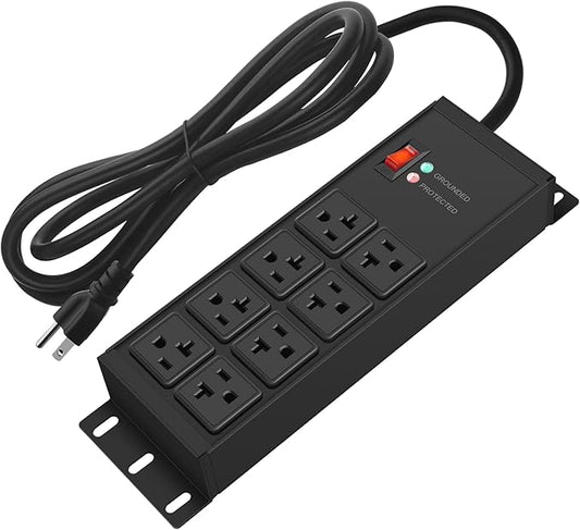 CCCEI Black Heavy Duty Power Strip Surge Protector 20 AMP, 8 Outlets 12 Gauge Industrial Shop Garage Metal Multiple Outlets, 6 FT Extension Cord 5-15P Adapter High Amp 6-20R T-Slot 20a for Appliance