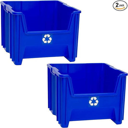 Commercial Industrial Heavy Duty Stackable Open-Front Recycling Bin Box Containers, 12 Gallon, 2 Pack, Blue