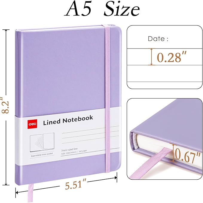 deli A5 Lined Journal Notebook, 160 Pages Hardcover Writing Notebook, 5.5"x8.2" College Ruled Notebook for Office, School, Work Notes (Purple)