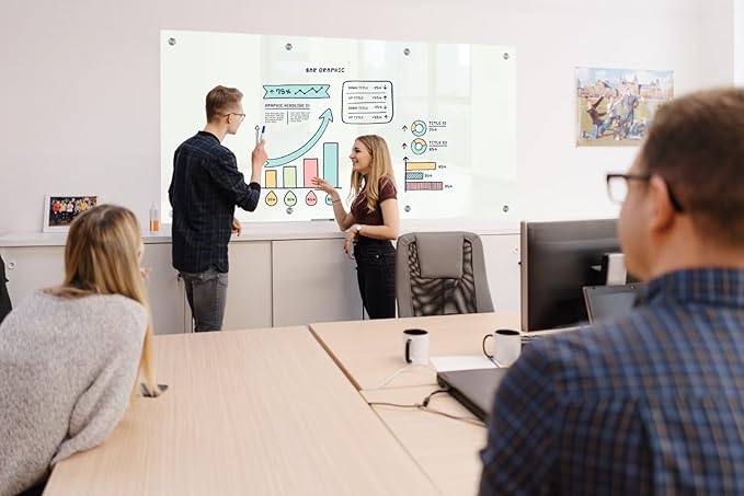 J&J worldwide Glass Dry Erase Board 8' x 4', Glass Whiteboard Magnetic, Large Frameless Glass White Boards for Walls, Includes Magnets, Marker Tray, Eraser for Office, Home, School