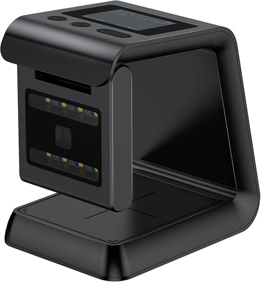 Alacrity 2D QR Wireless Barcode Scanner Hands-Free Omnidirectional Desktop Bar Code Scanner with Screen Display Compatible with Bluetooth & 2.4GHz Wireless for Airport Supermarket