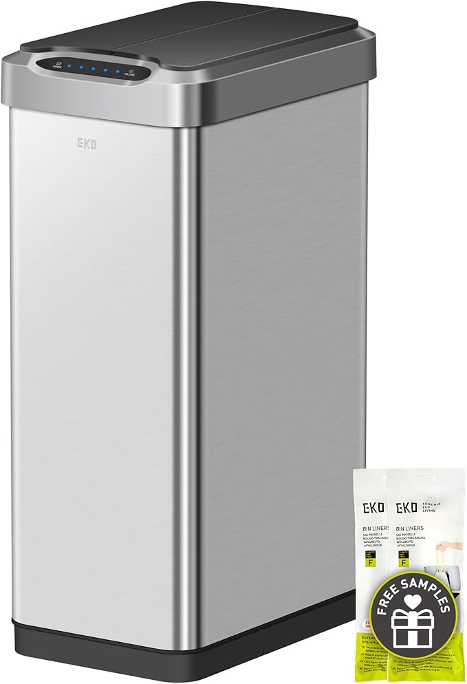 EKO Phantom-T 50 Liter / 13.2 Gallon Vertical Motion Sensor Trash Can, Brushed Stainless Steel Finish