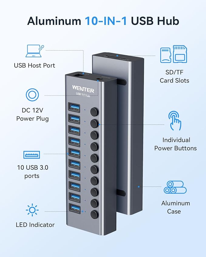 Powered USB 3.0 Hub, Wenter 10 Ports 36W Powered USB Hub, Aluminum USB Splitter with Individual On/Off Switches, SD/TF Card Readers and 12V/3A Power Adapter for PC/Laptops/MacBook Pro/Air/iMac/iPad
