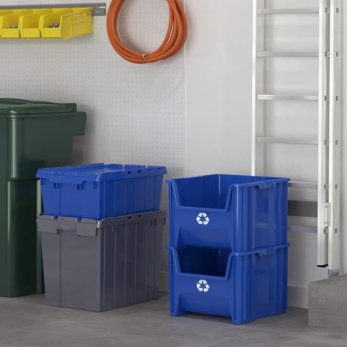 Commercial Industrial Heavy Duty Stackable Open-Front Recycling Bin Box Containers, 12 Gallon, 2 Pack, Blue