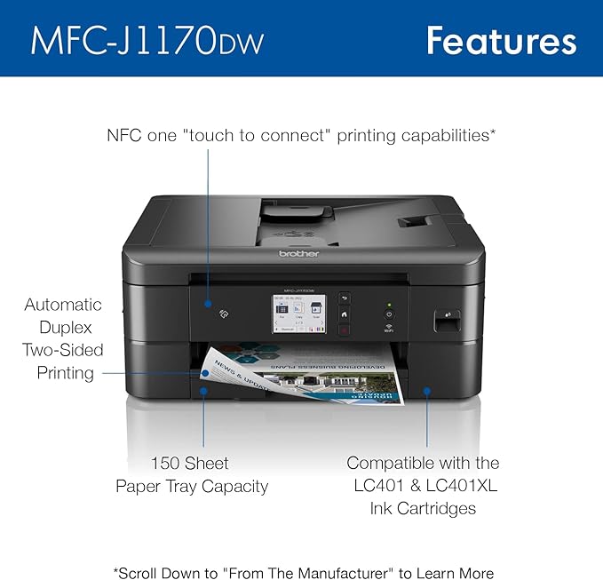 Brother MFC-J1170DW Wireless Color Inkjet All-in-One Printer, NFC One-Touch Print, Duplex, Cloud Print & Scan, Mobile App Control, 2.7" Touchscreen, Works with Alexa
