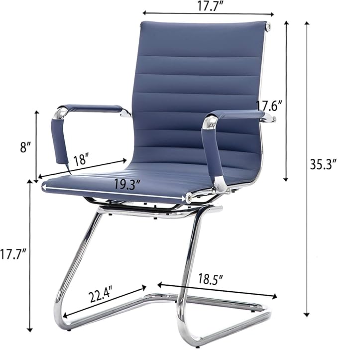 Office Desk Chair No Wheels Set of 4 PU Leather Computer Chairs Mid Back Guest Chairs for School Reception Conference Waiting Room, Navy Blue