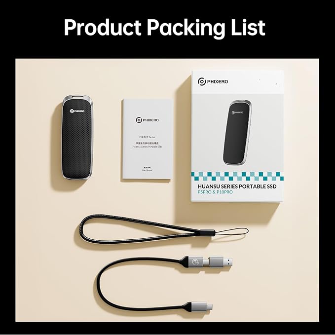 PHIXERO P10PRO External NVMe SSD 2TB, Up to 1050MB/s, USB 3.2 Gen2, Includes 2-in-1 USB C Cable, Portable Hard Drive for iPhone 15+/Android/Windows/Mac, Black