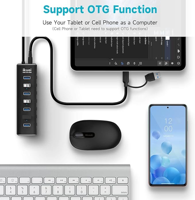 Powered USB 3.0 /USB C Hub, ikuai Aluminium 7-Port USB Hub Splitter with AC Adapter LED Individual On/Off Switches and 3.3ft Extended Long Cable for Laptop, Mac, PC, Flash Drive, Mobile HDD