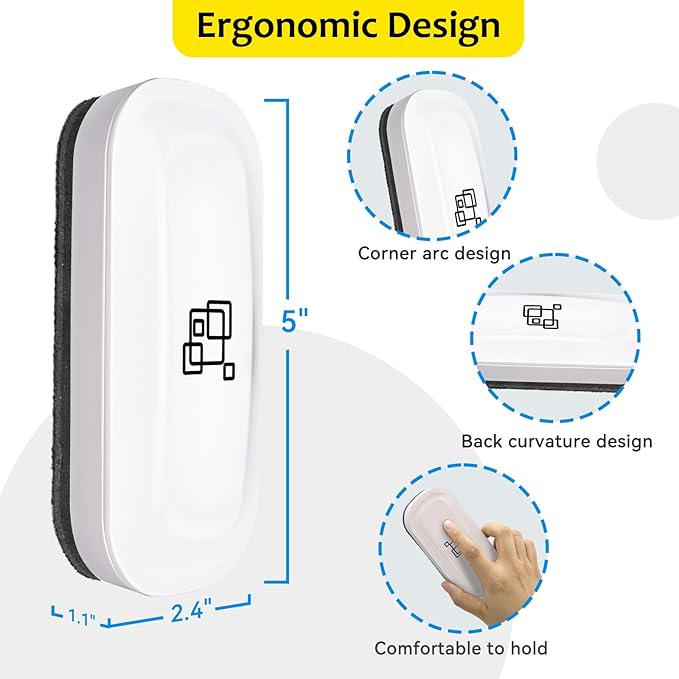 Maxtek Magnetic Dry Erase Eraser, 2 Pack, for Glass Board, Calendar, Whiteboard, Office and School Supplies (Pure White)