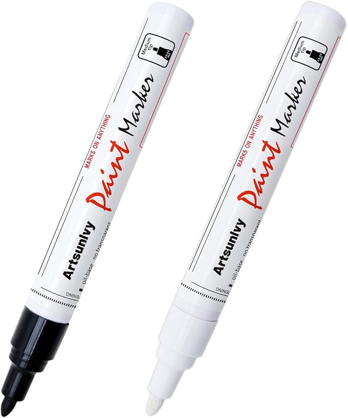 Permanent Paint Pens Paint Markers - 2 Pack Black & White Oil Based Quick Dry Waterproof Markers For Tire, Rubber,Wood, Rocks, Metal, Canvas