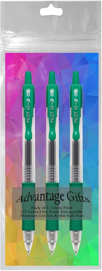 G2 Retractable Premium Gel Ink Roller Ball Pens Extra Fine Point (.5mm) Green Ink 3 pack; Refillable & Premium Comfort Grip Bundle with Plastic Reusable Pouch