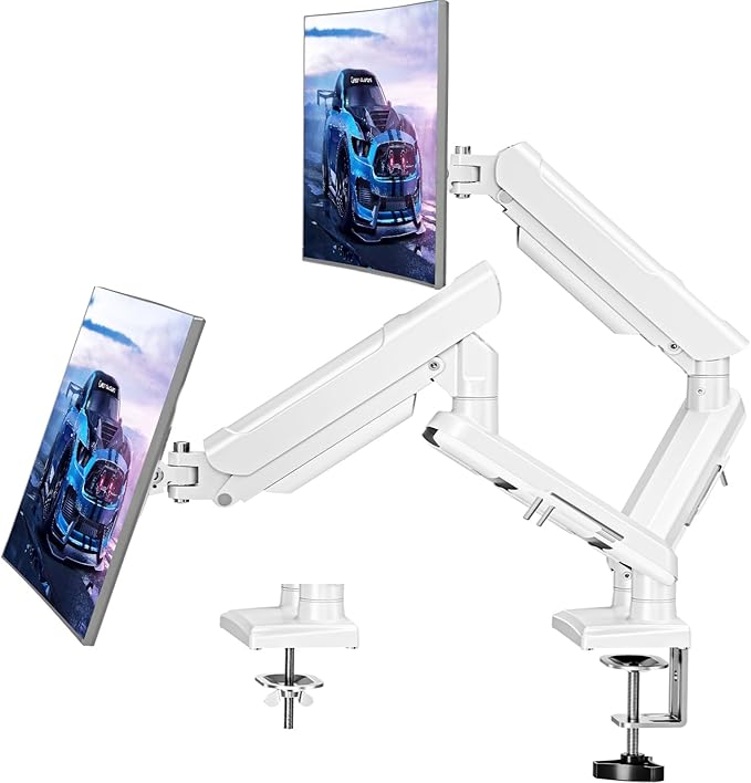 Dual Monitor Mount for 2 Monitors up to 32 inches, Height Adjustable Gas Spring Double Monitor Stand, Two Display Desk Mount Holder, Each Monitor Arm Holds Max 22lbs, VESA Mount, White, Freelift Pro