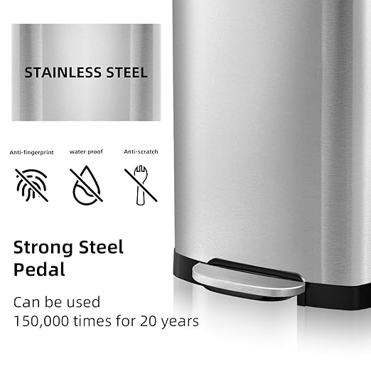 KUK 13 Gallon/50L Stainless Steel Kitchen Trash Can with Lid and Step Pedal-Large Capacity Garbage Bin with Odor Seal, Silent Close Lid, Removable Inner Bucket for Home, Kitchen, Bedroom, Silver