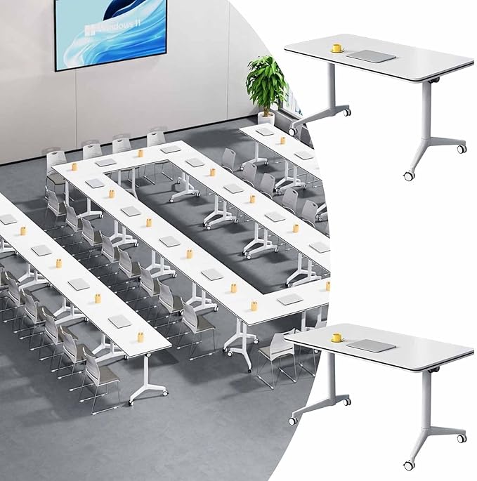 Folding Conference Room Table, Modern Mobile Training Table with Wheels, White Foldable Seminar Meeting Tables for Office Corporations (2pack 63in)