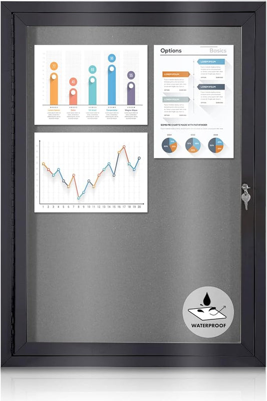 Enclosed Bulletin Board Outdoor Noticeboard with Locking Door, Weather-Resistant, Grey Felt, Black Aluminum Frame, 36 x 24 in