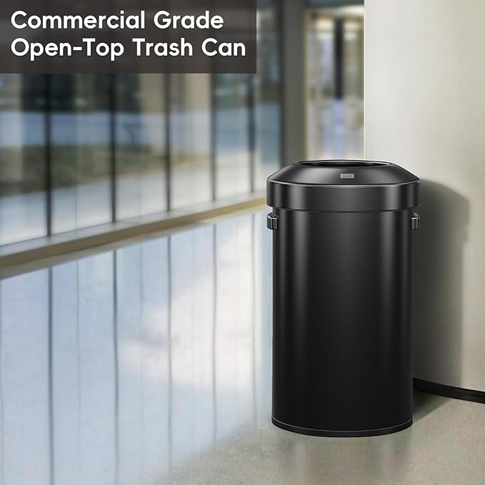 EKO 16-Gallon Round Black Stainless Steel Open Top Trash Can, Large Commercial Waste Bin with Detachable Lid and Carrying Handle, Brushed Metal Garbage Bin for Home, Office, Restaurant, Restroom