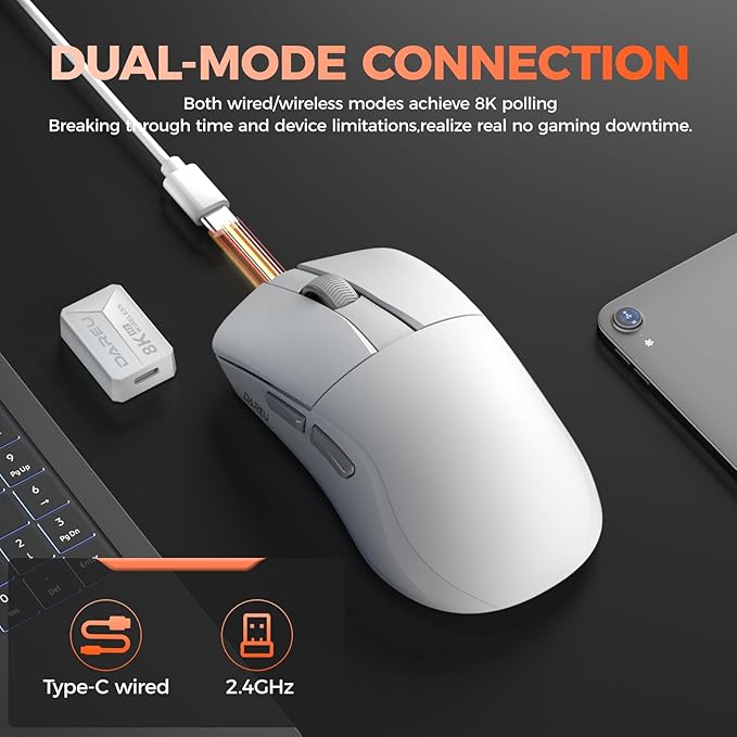 DAREU A950 Wing 8K Lightweight Wireless Gaming Mouse 1.23oz (35g), Custom PAW3950 30K Optical Sensor, Wired/Wireless Dual 8k Polling Rate, Symmetrical, 5 Programmable Buttons,70H Battery