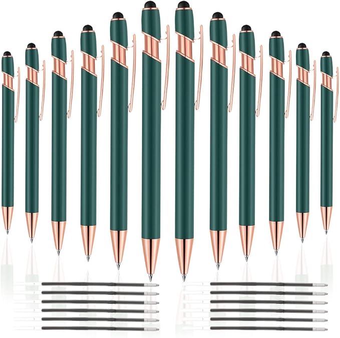 12 PCS 2 in 1 Stylus Ballpoint Pen with Stylus Tip, 1.0 mm Black Ink Metal Pen Stylus Pen for Touch Screens (Rose Gold & Green)