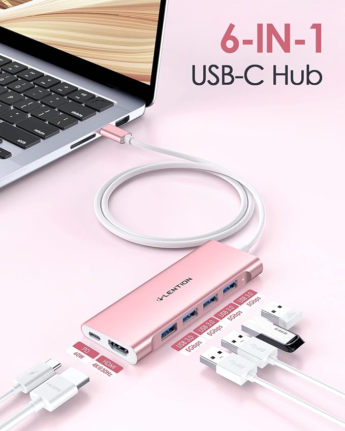 LENTION 3.3FT Long Cable USB C Multiport Hub with 4K HDMI, 4 USB 3.0, Type C Charging Compatible 2023-2016 MacBook Pro, New Mac Air/iMac/Mac Mini, More, Stable Driver Adapter (C35-1M, Rose Gold)