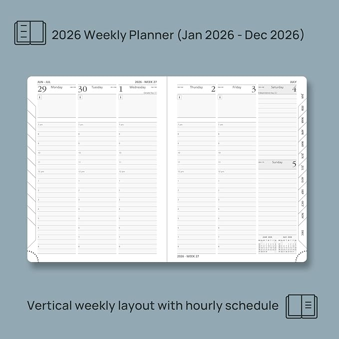 POPRUN 2026 Planner (Medium Size 8.5''x 6.5'' Hardcover) - Daily Weekly and Monthly Calendar Agenda 2026 Appointment Book with Hourly Time Slots, Monthly Tabs, 100 GSM - Orange